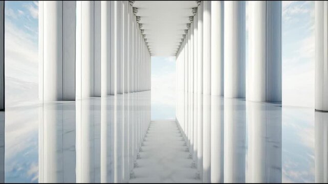 A majestic white colonnade with reflections on the glossy floor. Futuristic antique style, bright sky at the end of the path. Ideal for business presentations and meditation.