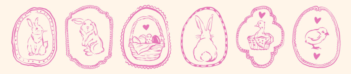 Obraz premium Cute doodle frame set, Easter spring holiday border, whimsical childish bunny line illustration. Hand drawn festive traditional egg decoration print, vintage postcard design. Rabbit doodle frame art