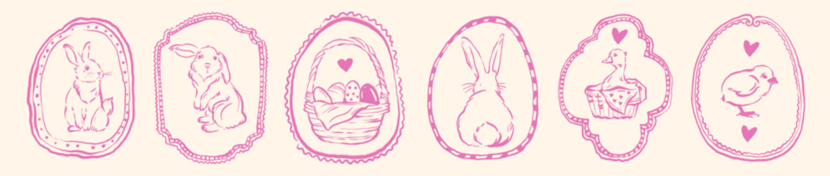 Cute doodle frame set, Easter spring holiday border, whimsical childish bunny line illustration. Hand drawn festive traditional egg decoration print, vintage postcard design. Rabbit doodle frame art