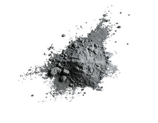 A pile of gray powdered material is scattered on a black background, with visible textures and small clumps