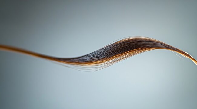 single flowing strand of brown hair with golden highlights suspended against a soft neutral background, delicate and elegant