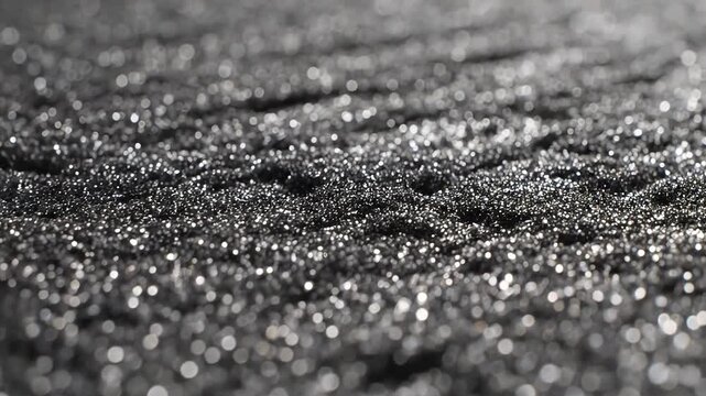 Closeup macro shot of sparkling black glitter particles creating a textured background with shallow depth of field and bokeh highlights.