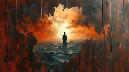 solitary silhouette standing in choppy sea beneath a fiery orange sky seen through a torn weathered wooden frame, evoking awe and melancholy