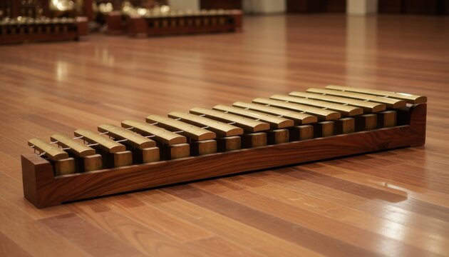 A bronze slenthem gamelan instrument with wooden resonators rests on a polished wooden floor, showcasing traditional Indonesian music.