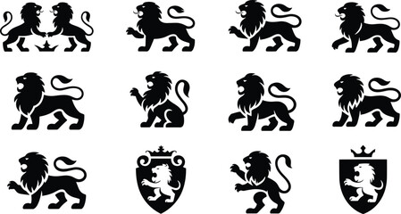 Obraz premium Heraldic Lion Silhouette Logo Collection with Royal Crest and Shield Emblem Set for Luxury Branding Vector Illustration EPS