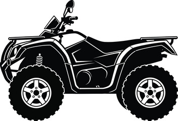 Black and white illustration of an all terrain vehicle atv quad bike with large tires © mhk365