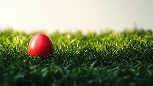 single red egg resting in lush green grass under soft morning light, serene and solitary scene