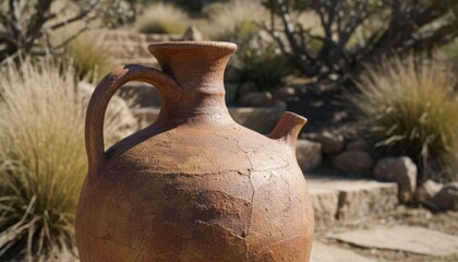 Weathered Ceramic Water Vessel with Rustic Earthy Tones and Traditional Handle