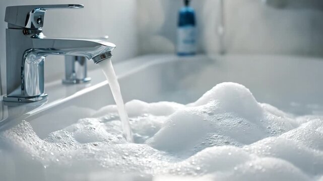 Close up of a modern chrome faucet running water into a sink filled with luxurious white foam bubbles creating a relaxing bath or spa atmosphere.
