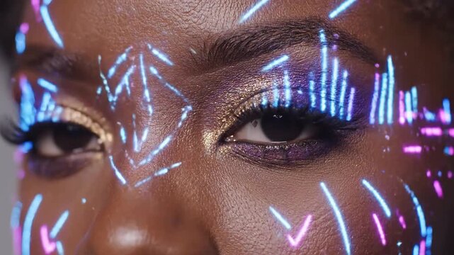 Closeup of a Black Womans Eyes with Futuristic Neon Geometric Patterns and Glitter Makeup Highlighting Digital Artistry and Cyberpunk Aesthetics.