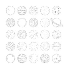 Black and white line of various planets and celestial bodies space monochrome astronomy © Mehedy