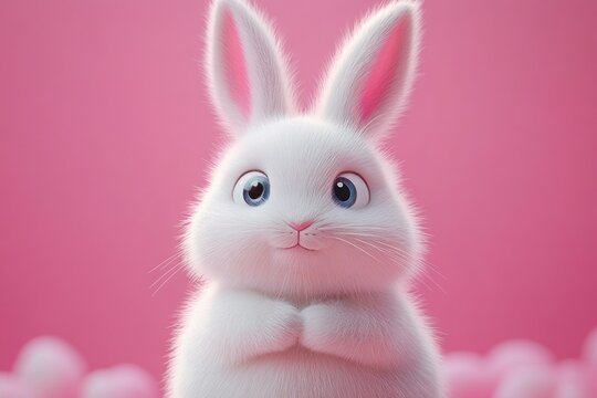 fluffy white bunny with big expressive eyes and tiny paws against a soft pink background looking innocent and adorable