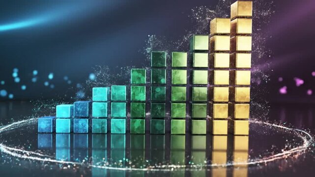 Abstract digital bar chart construction animation showing rising golden blocks symbolizing data growth and progress video footage