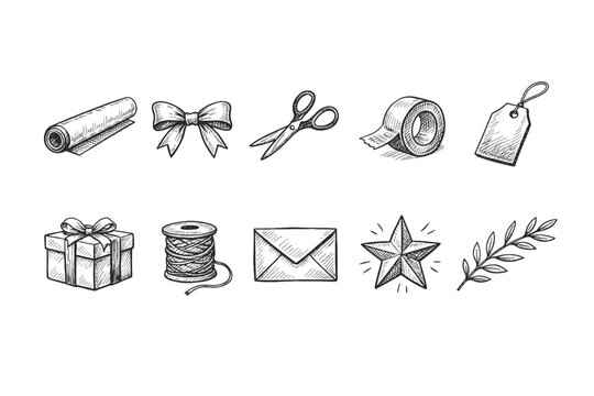 Gift wrapping, packaging linear icon set. Wrapping tools, gift tags, ribbons in line style