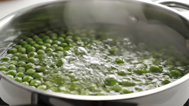Closeup shot of fresh green peas boiling in a stainless steel pot filled with bubbling water steam rising preparing healthy food.