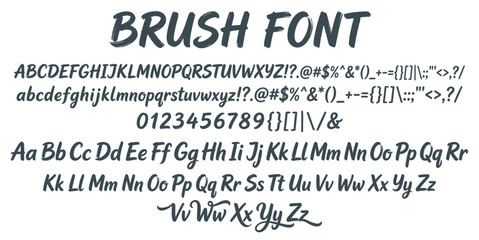 Brush font alphabet collection in handwritten stroke style, uppercase letters, lowercase letters, numbers, symbols, and punctuation