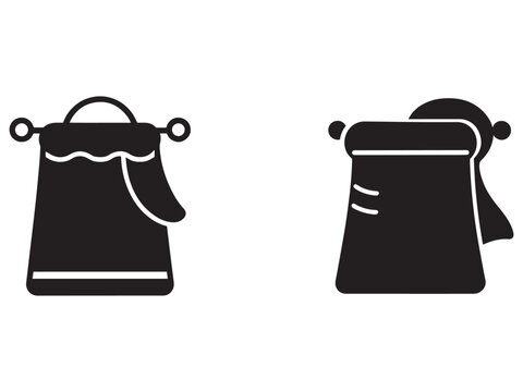 Simple black silhouettes of two drawstring bags with different designs and orientations on clean white background