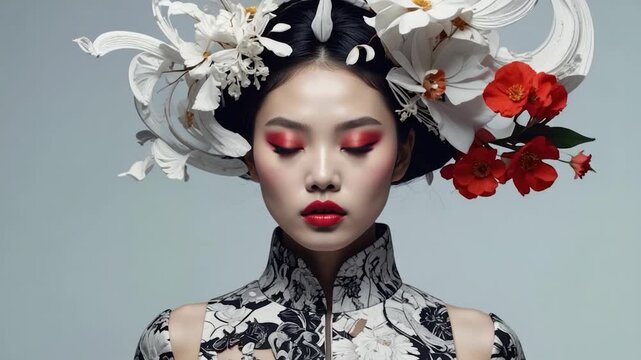A serene Asian woman with striking red makeup and floral headpiece, wearing a patterned dress