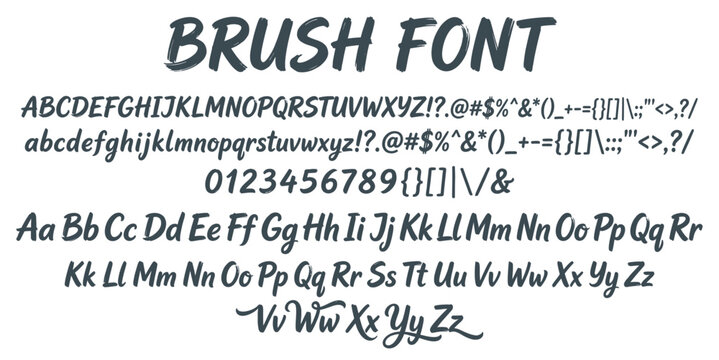 Brush font alphabet collection in handwritten stroke style, uppercase letters, lowercase letters, numbers, symbols, and punctuation