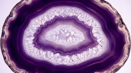 A close-up view of a purple and white agate stone slice