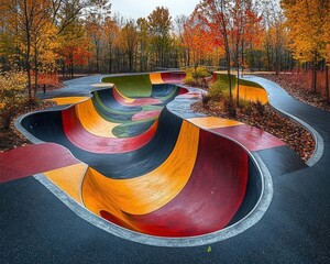 Naklejka premium colorful winding skatepark bowl with smooth multicolored ramps in an autumn forest, vibrant and playful atmosphere