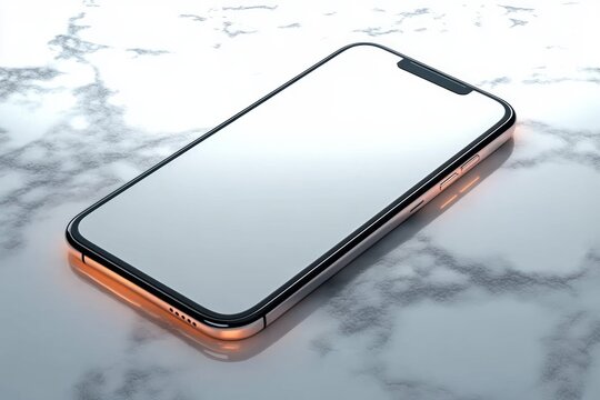sleek modern smartphone with blank reflective screen and metal frame resting on cool marble surface, soft orange underglow and reflective highlights, calm futuristic elegance