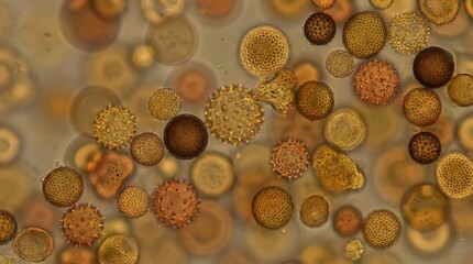 A microscopic view of various pollen grains under magnification