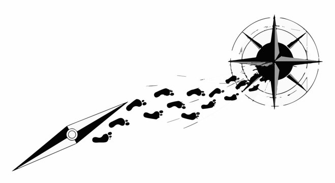 Footprints leading to a compass, symbolizing direction and journey