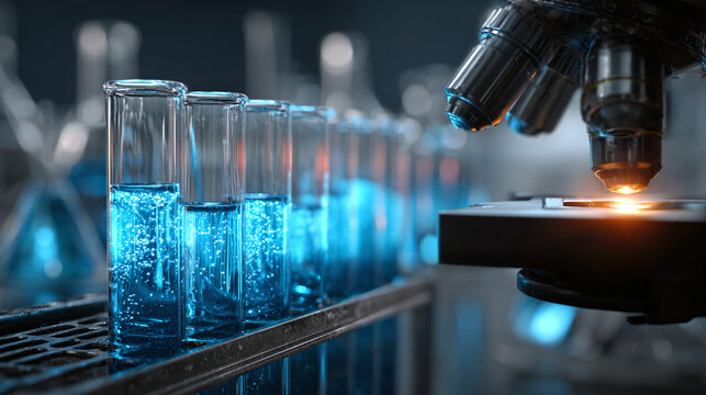 advanced lab research image showing blue liquid in test tubes with microscope and flask in soft focus background highlighting technological innovation and medical science