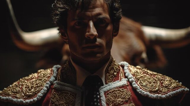 Portrait of a traditional matador with bull horns in the background.