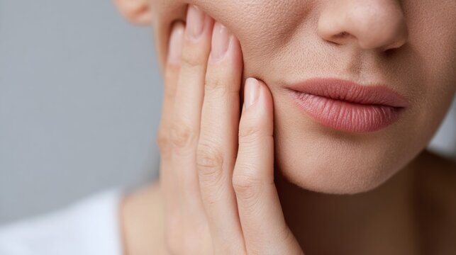 Close up of Swollen Cheek After Wisdom Tooth Removal With Hand Support in a Neutral Indoor Setting