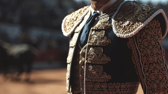 Close-up of traditional ornate matador jacket with intricate gold embroidery.