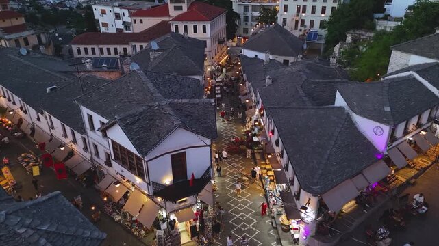 Night Aerial View of Gjirokast&euml;r&rsquo;s Historic Bazaar. 
A stunning night aerial view of Gjirokast&euml;r&rsquo;s illuminated and heritage atmosphere of this UNESCO-protected town. Gjirokast&euml;r, Albania 11/28/2025