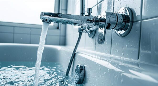Water is pouring from a chrome faucet into a white bathtub. Hygiene concept and bathroom cleaning. Cleanliness and relaxation. 