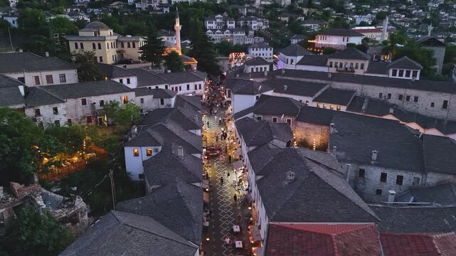 Night Aerial View of Gjirokast&euml;r&rsquo;s Historic Bazaar. 
A stunning night aerial view of Gjirokast&euml;r&rsquo;s illuminated and heritage atmosphere of this UNESCO-protected town. Gjirokast&euml;r, Albania 11/28/2025