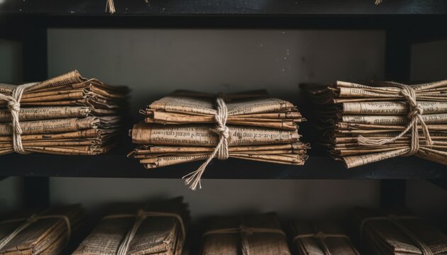 Aged Balinese Lontar Manuscripts Bound With Rope on a Dark Shelf, Preserving Ancient Cultural Texts.