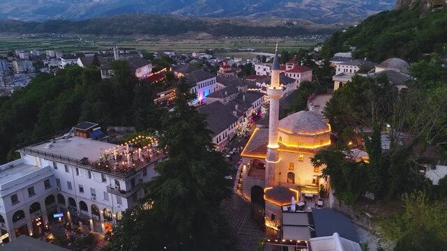 Night Aerial View of Gjirokast&euml;r&rsquo;s Historic Bazaar. 
A stunning night aerial view of Gjirokast&euml;r&rsquo;s illuminated and heritage atmosphere of this UNESCO-protected town. Gjirokast&euml;r, Albania 11/28/2025