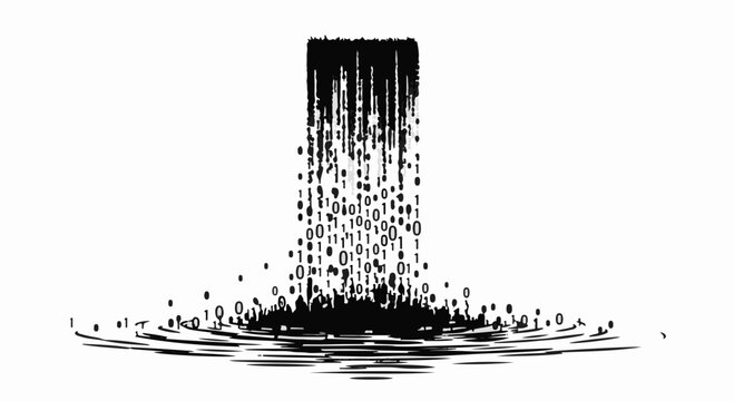 Abstract digital waterfall formed from binary code cascading into a pool
