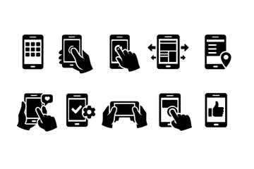 Mobile interface silhouette icon set. Smartphone, touch gestures, ui icons collection