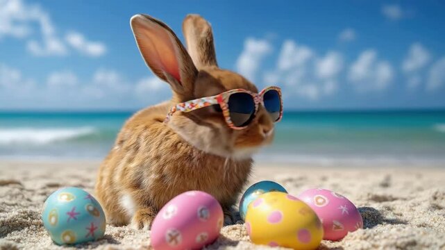 Cute bunny with sunglasses relaxing on beach with colorful easter eggs. Easter, Pascha, Paskha, Ostern, Pascua, Paques - Orthodox and Catholic Holiday celebration