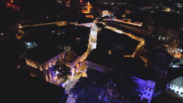 Night Aerial View of Gjirokast&euml;r&rsquo;s Historic Bazaar. 
A stunning night aerial view of Gjirokast&euml;r&rsquo;s illuminated and heritage atmosphere of this UNESCO-protected town. Gjirokast&euml;r, Albania 11/28/2025
