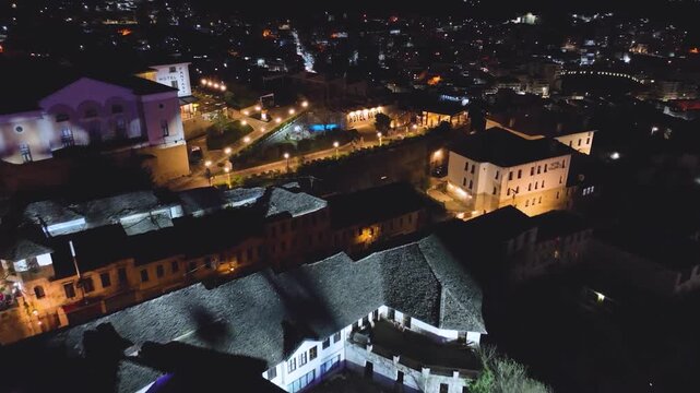 Night Aerial View of Gjirokast&euml;r&rsquo;s Historic Bazaar. 
A stunning night aerial view of Gjirokast&euml;r&rsquo;s illuminated and heritage atmosphere of this UNESCO-protected town. Gjirokast&euml;r, Albania 11/28/2025
