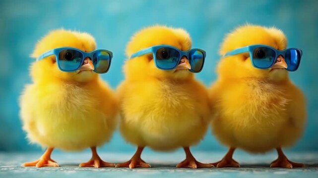 Three cute yellow chicks wearing blue sunglasses on a vibrant background. Easter, Pascha, Paskha, Ostern, Pascua, Paques - Orthodox and Catholic Holiday celebration