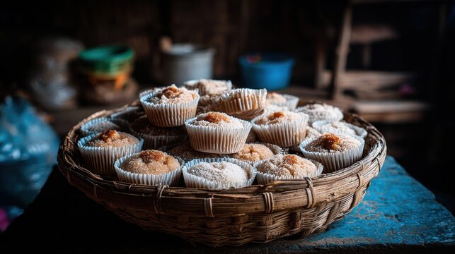 Basket of fresh putu bambu steamed rice flour cakes with sweet toppings