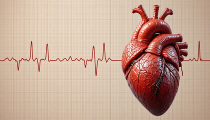 Human heart with electrocardiogram reading on graph paper