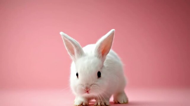 Adorable white bunny leaping on pink background. Easter, Pascha, Paskha, Ostern, Pascua, Paques - Orthodox and Catholic Holiday celebration