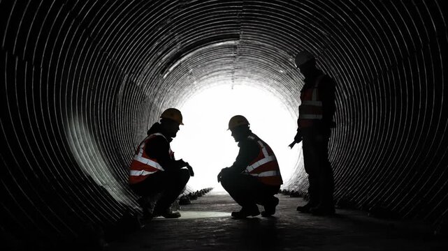 Three construction workers in silhouette crouching inside a dark tunnel with a bright light at the end wearing safety vests and hard hats 4k video, animated
