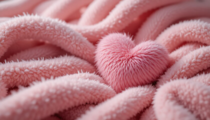 Soft pink heart shaped plush toy on fuzzy blanket