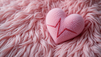 Soft pink heart shaped pillow on fuzzy fabric background