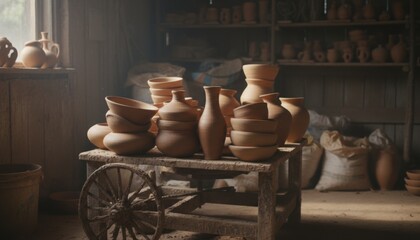Rustic terracotta pottery collection arranged on a wooden table in an artisan workshop setting